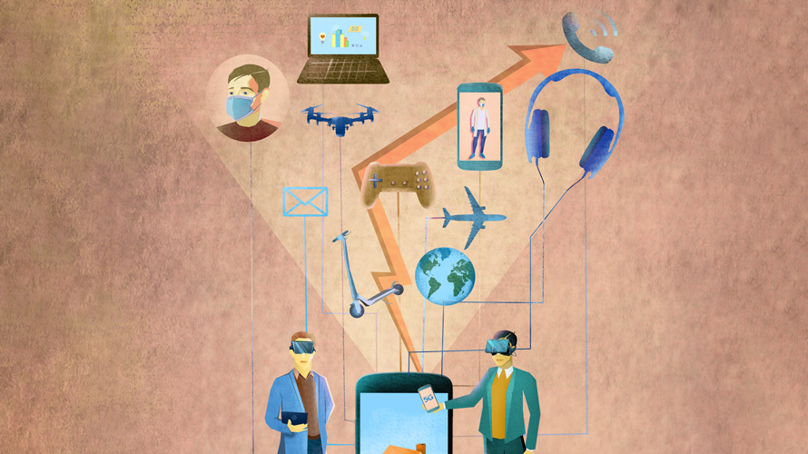 consumers-future-brands-CONTENT-2020 a computer screen with a bunch of images floating out of it like airplanes, headphones, a globe