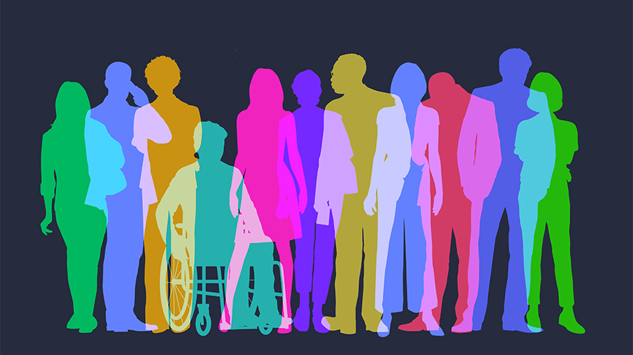 covid-advertising-disability-2020 Colourful overlapping silhouettes of Professional or Business people.
