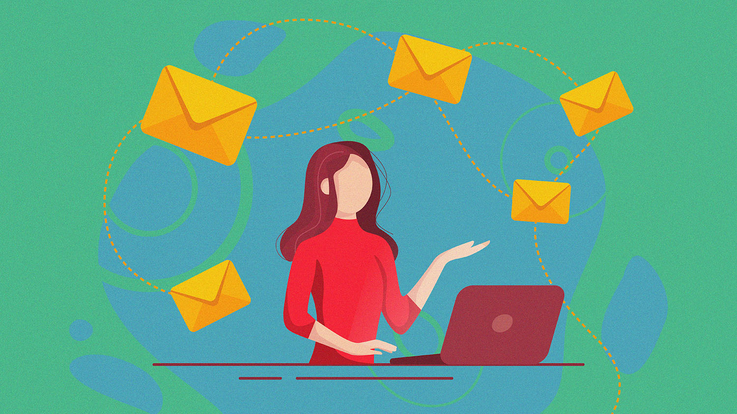 new-job-quarantine-CONTENT-2020 Illustration of a woman with envelopes and a laptop