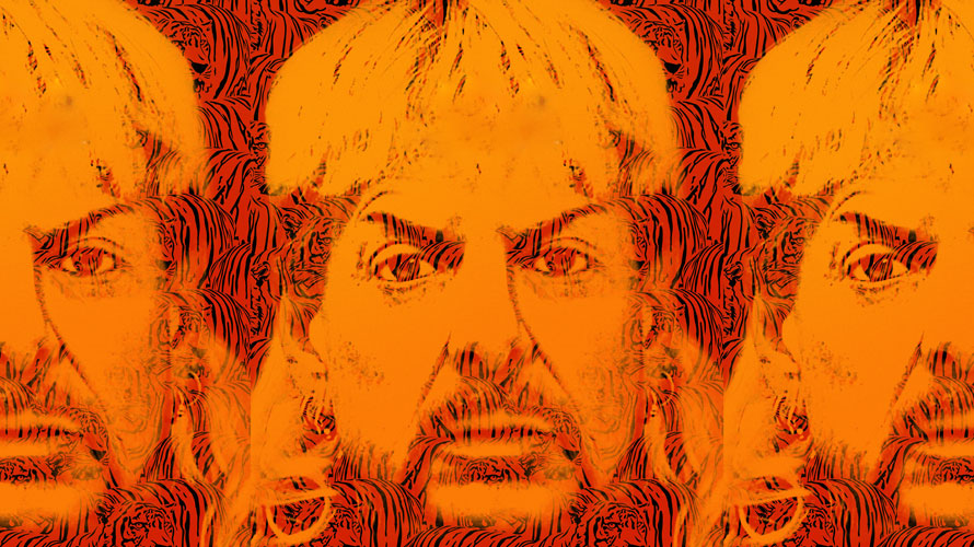 tigerking-escapism-CONTENT-2020 A photo of Joe Exotic duplicated three times with orange with a tiger background