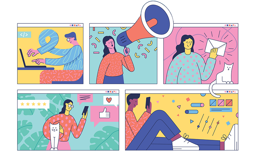 voice-getting-creative-covid-2020 different comic book panels that show people doing things like holding a giant megaphone and looking at their cellphone