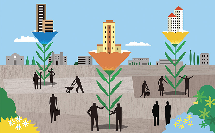 voice-greenwashing-business illustration of people planting tall plants that grow into buildings