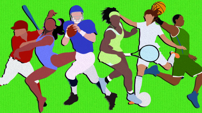 voice-sports-covid-2020 green background with a black woman doing gymnastics, a man throwing a football, a black woman playing tennis, and a woman kicking a soccer ball