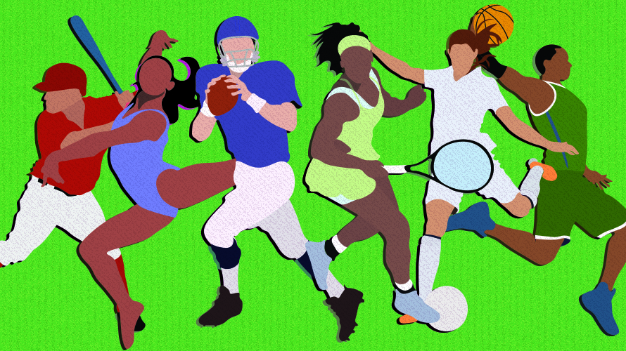 voice-sports-covid-2020 green background with a black woman doing gymnastics, a man throwing a football, a black woman playing tennis, and a woman kicking a soccer ball