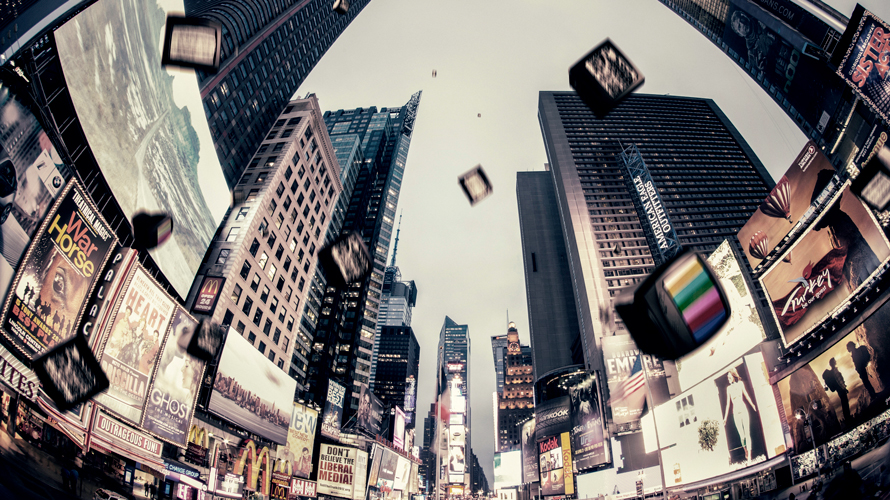 coronavirus-ad-spend-cpm-CONTENT-2020 Photo of Times Square with falling TVs