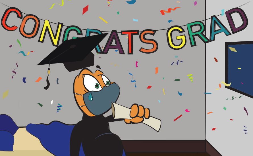 covid-voice-grad cartoon that says congrats grad with a person with a graduation cap on at a table