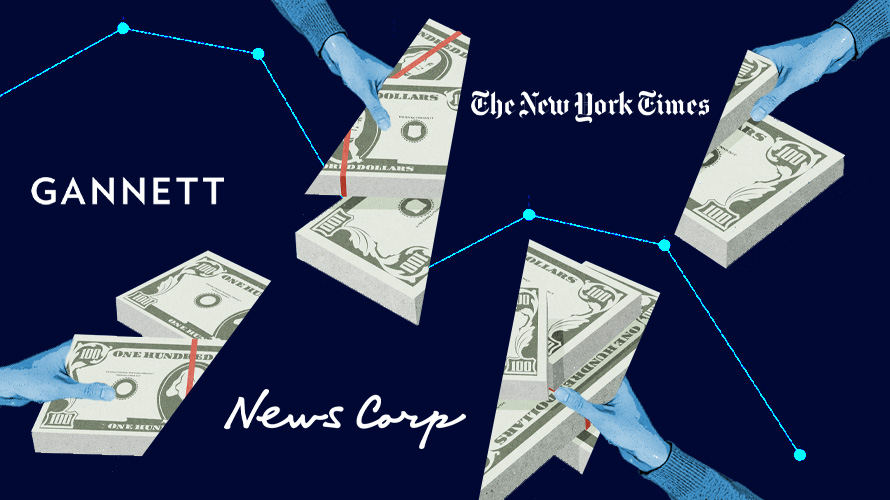 publisher-earning-media-industry-CONTENT-2020 money shaped like triangles linked by thin blue lines