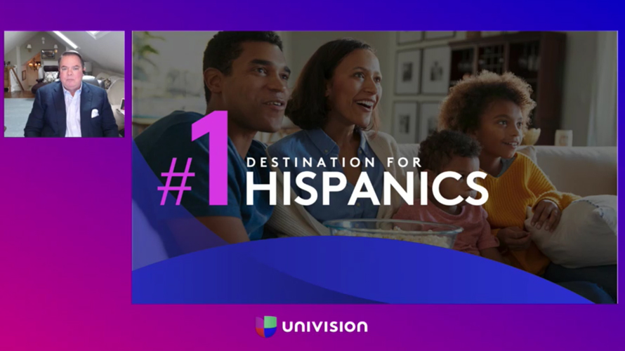 univision-not-at-upfront-CONTENT-2020 three people sitting with #1 destination for hispanics over their faces and univision at the bottom