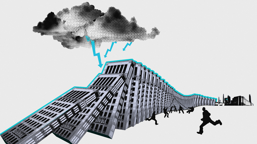 weathering-economic-downturn-CONTENT-2020 a storm cloud striking down dominos as a person runs toward it