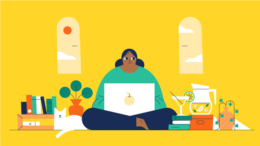 wix-myth-work-life-CONTENT-2020 illustration of a woman sitting on a laptop in a yellow room with a plant and tea kettle and martini next to her