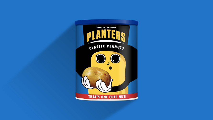 Planters-Baby-Nut-Packaging-CONTENT-2020 a baby peanut holding a peanut in awe on a planters box