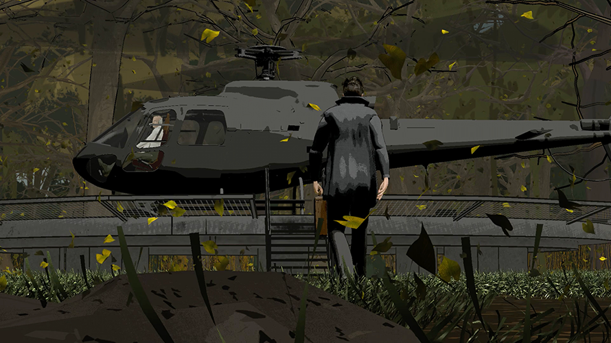 a figure in a black jacket walking into a black helicopter
