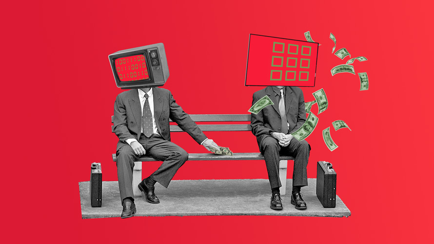 buyers-shift-linear-ctv-CONTENT-2020 two men on a park bench, one with a tv for a head and another as a remote control