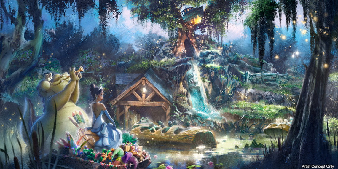 disney-splash-mountain-new-theme-content screengrab from a disney cartoon of a shack in the forest with an alligator playing a trumpet and a black princess standing next to him