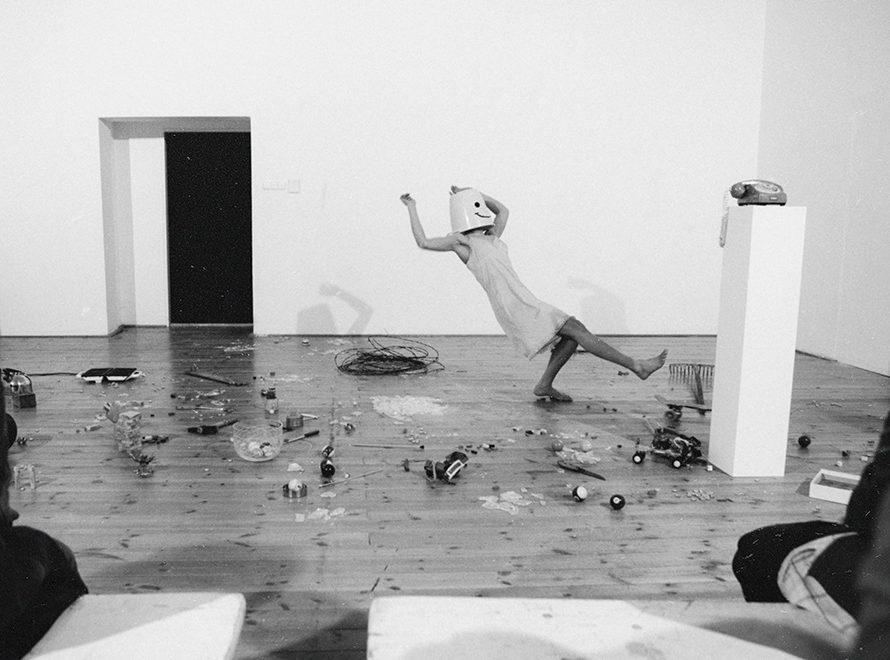 A black and white photo of someone about to fall