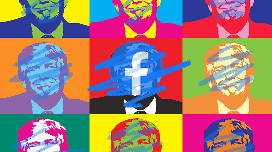 facebook-removes-trump-CONTENT-2020 illustration of donald trump with colorful scribbles over his face and facebook's logo in the center