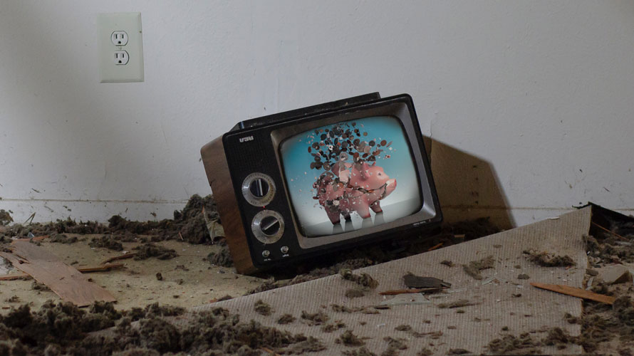 Linear-tv-art-CONTENT-2020 A TV on the floor with a smashed piggy bank on the screen