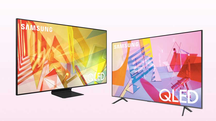 samsung-ads-newfront-CONTENT-2020 two tv screens with abstract shapes in yellow and orange on the left and pink and blue on the right