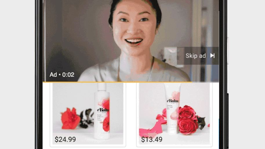 youtube-shoppable-content-2020 an ad of a smiling asian woman with two smaller boxes underneath her photo with a flower and spray
