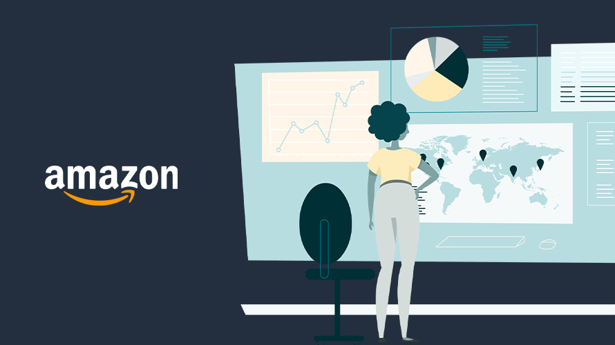 amazon-contact-curb-seller-CONTENT-2020 illustration of a woman standing in front of charts and graphs with the amazon logo to her left