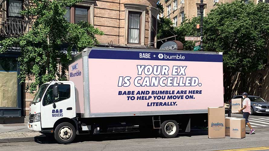 bumble-babe-breakup-moving-CONTENT-2020 a pink moving truck that says your ex is canceled