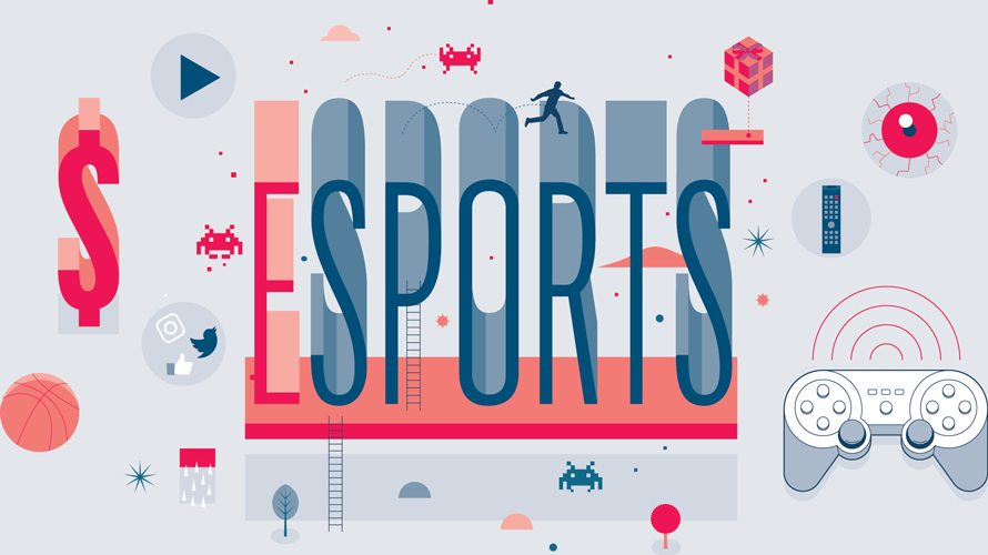 data-gaming-esports-hero-890-2020 the word esports on a gray background with little symbols floating around it