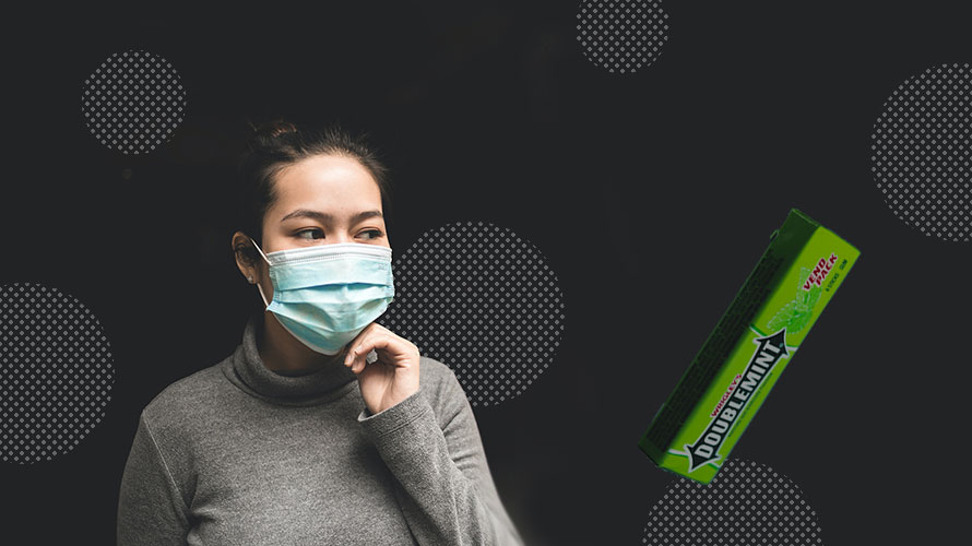 gums-mints-declining-CONTENT-2020 a masked person and a stick of gum