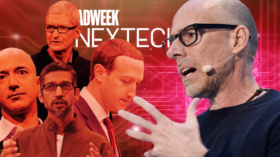 scott-galloway-the-four-CONTENT-2020 Professor Scott Galloway speaking with Big Tech CEOs in background and Adweek NexTech logo