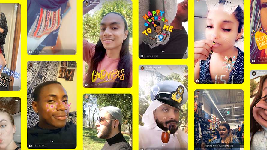 snapchat-business-meets-snapchat-generation-CONTENT-2020 Collage of Snapchats with a yellow background