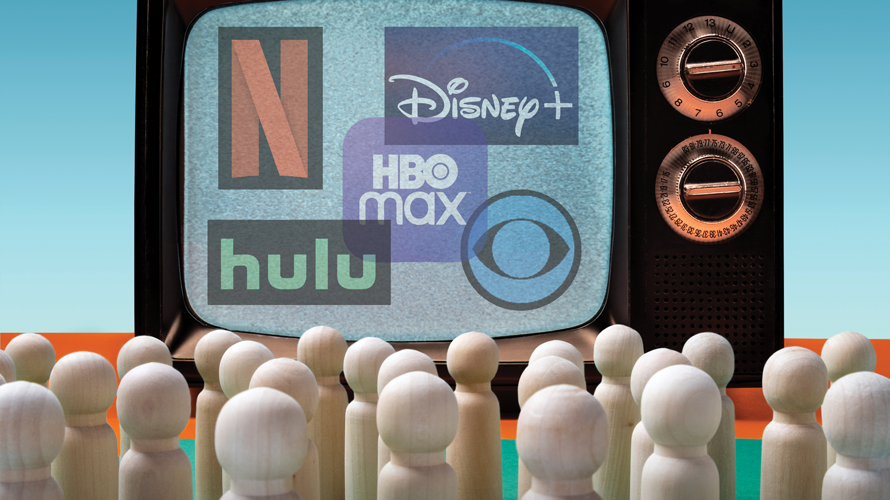 trend-streaming-content-2020 netflix, hulu, disney+, hbo max, peacock logos on a screen with little figures sitting and looking at it