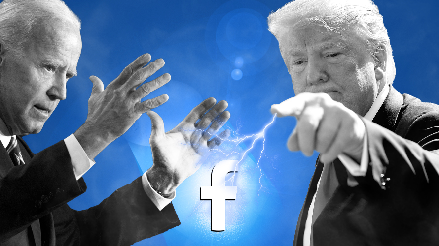 trump-biden-fb-ad-spend-CONTENT-2020 joe biden and donald trump with a facebook logo in the middle and lightning coming out of trump's finger toward the symbol while biden raises his hands