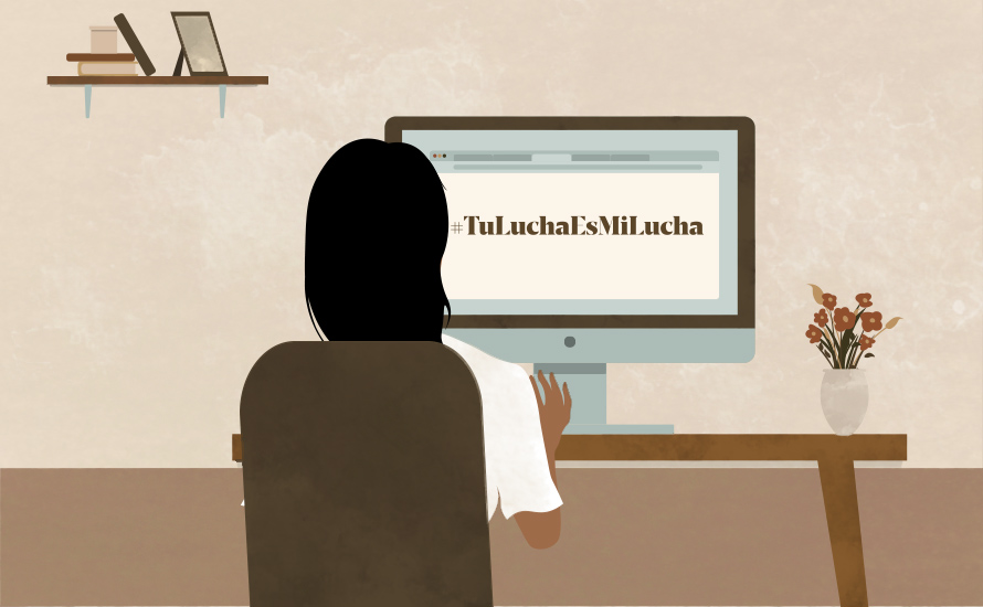 tu-lucha-es-mi-lucha-voice computer with hashtag on screen