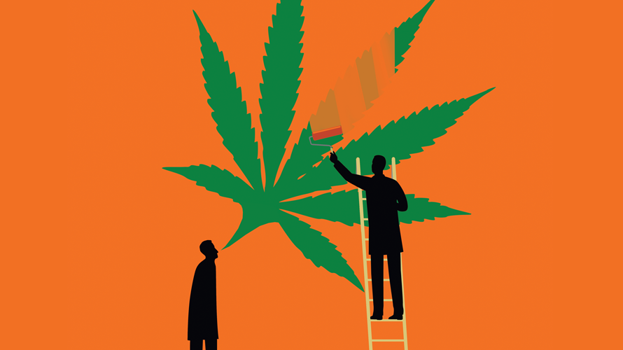 voice-cannabis-speech-content-2020 Illustration of person painting a cannabis leaf