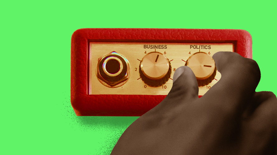 mixing-poliics-business-CONTENT-2020 A hand moving a politics knob