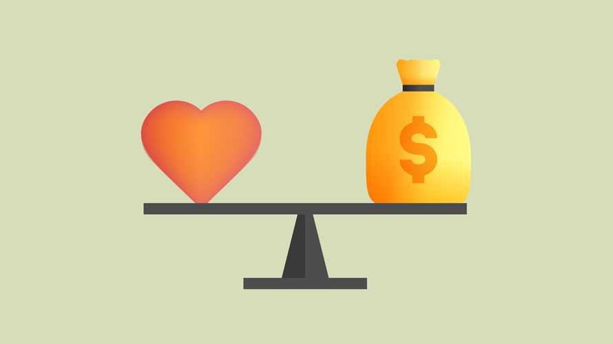 voice-balance-heart-cash-content-2020 a heart and bag of money on a scale