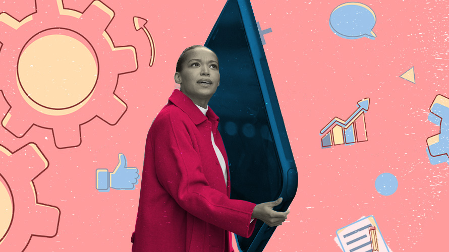 talk-to-the-kids-CONTENT-2020 Illustration of a young woman holding a smartphone