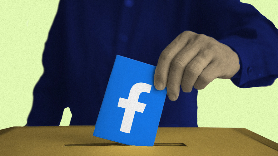 facebook-election-plans-CONTENT-2020 Illustration of a person putting a Facebook logo paper into a ballot box