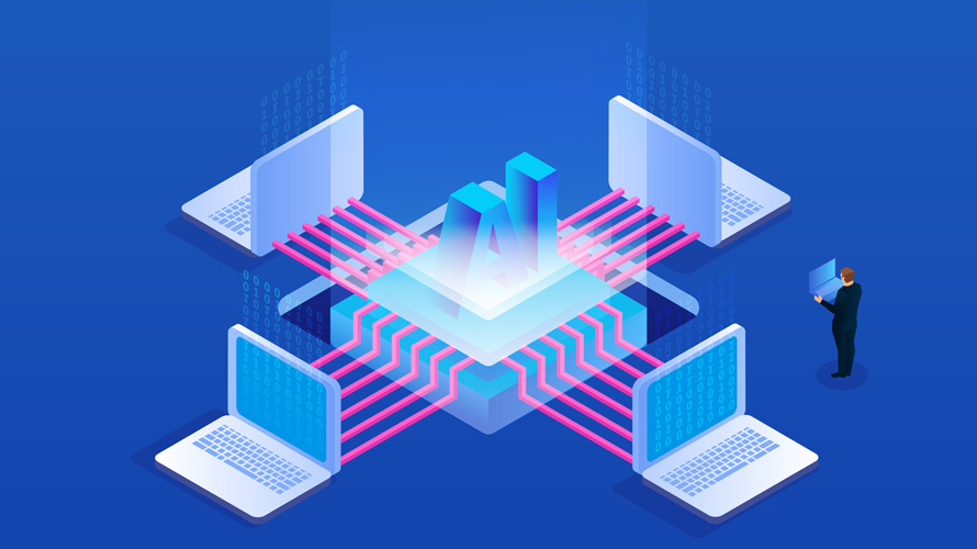 indispensable-at-work-ai-CONTENT-2020 Illustration of computers connecting to a general machine