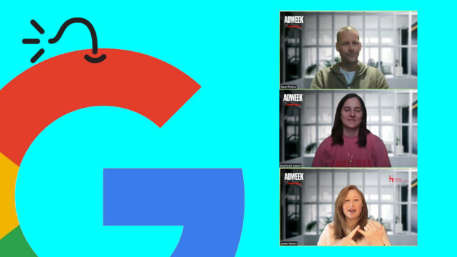 adweek-privacy-townhall-featured-2021 a google G with a bomb fuse on top on left and three zoom headshot panels on the right