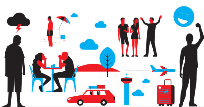 data-re-entry-hero-2021 illustration of people traveling, going to the beach, dining at a restaurant, standing under lightning bolt