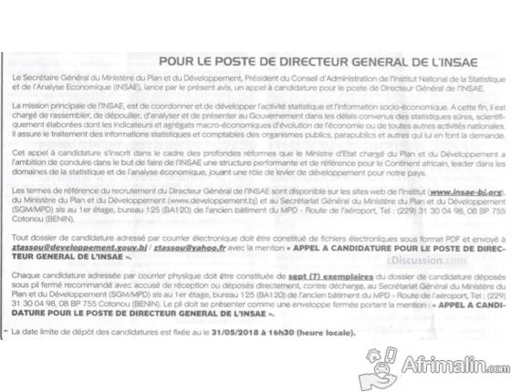 L Insae Recrute Un 01 Directeur General Date Limite Ce Jour Cotonou Region Du Littoral Benin Offres D Emploi Sur Afrimalin