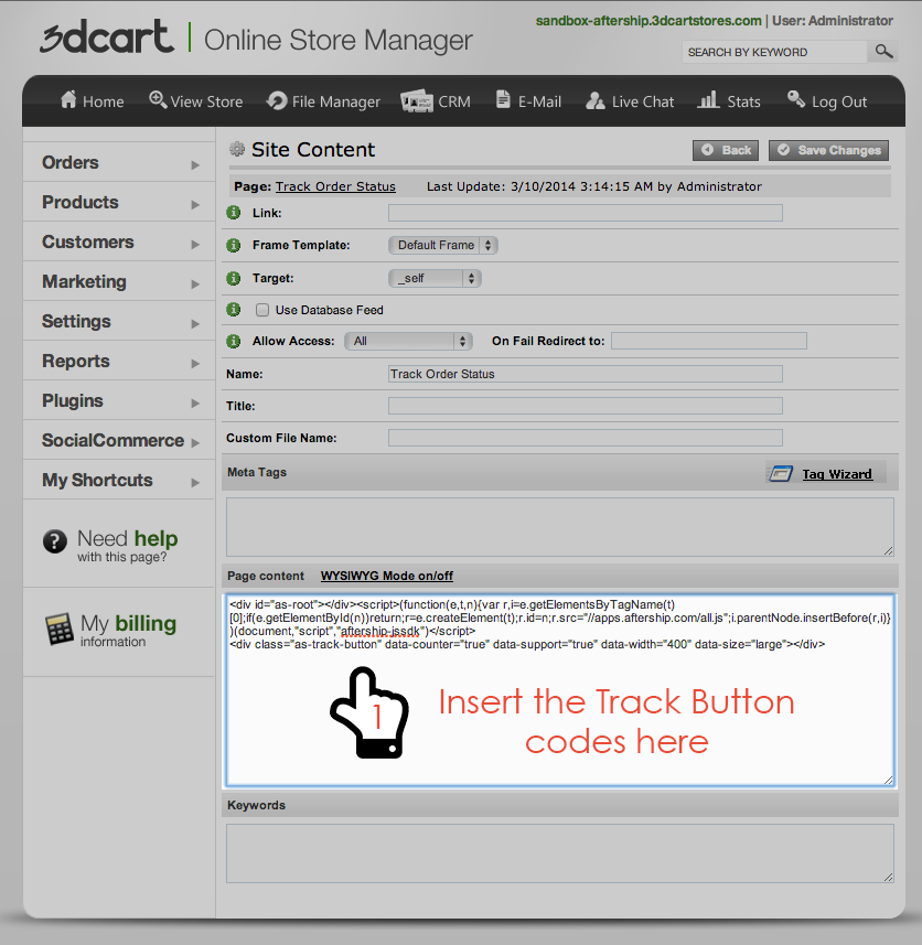 Add Track Your Order Page at 3dcart Step 2