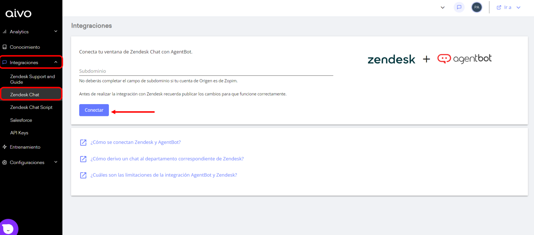 Conecta Zendesk con AgentBot | Busca respuestas o navega por nuestra ...