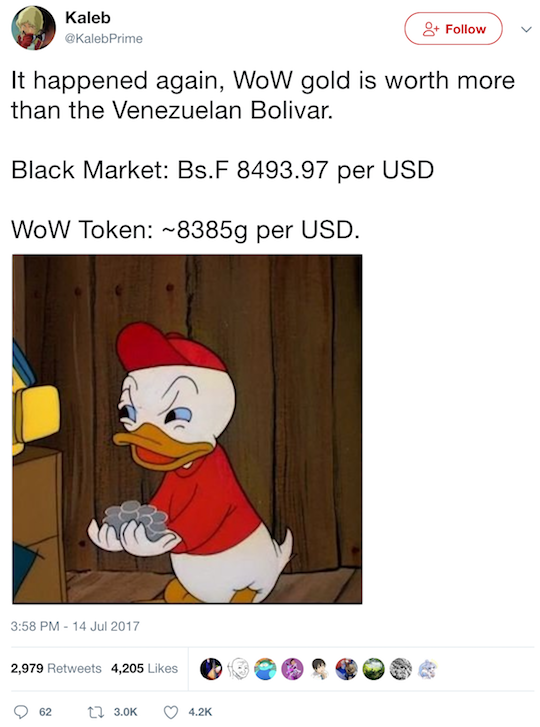 WoW gold worth more than Venezuelan Bolivar tweet