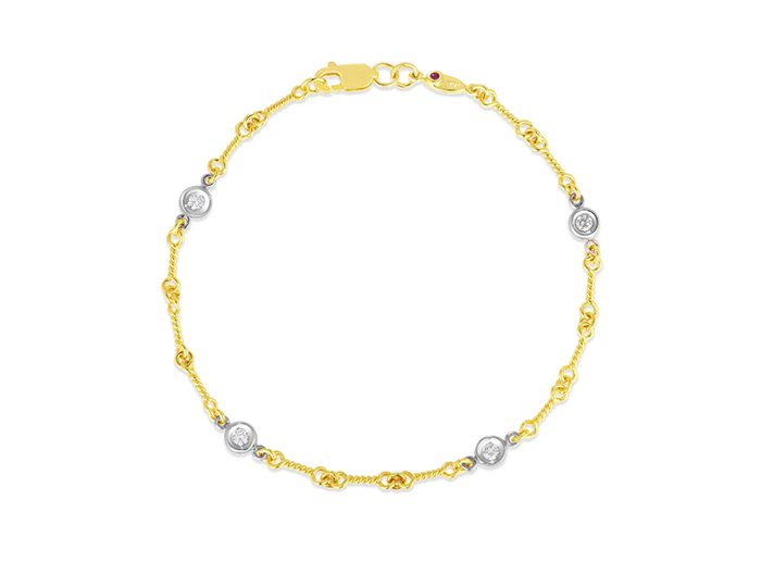 Roberto Coin Diamonds by the Inch collection round brilliant cut diamond bracelet in 18k yellow and white gold.