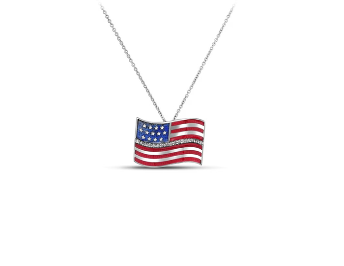 Roberto Coin Tiny Treasures collection round brilliant cut American flag pendant in 18k white gold.