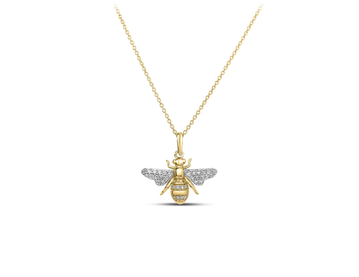 Roberto Coin Tiny Treasures collection round brilliant cut diamond bumble bee pendant in 18k white and yellow gold.