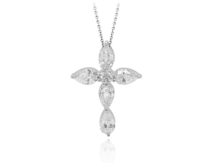 Pear shape and round brilliant cut diamond cross pendant in 18k white gold.