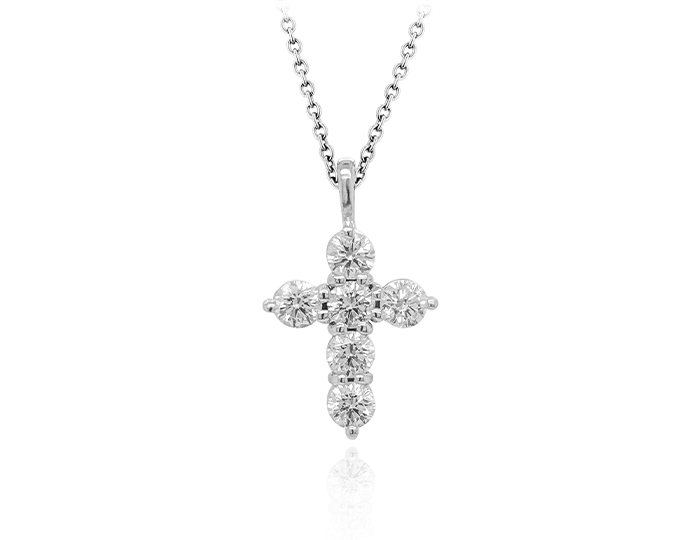 Round brilliant cut diamond cross pendant in 18k white gold.