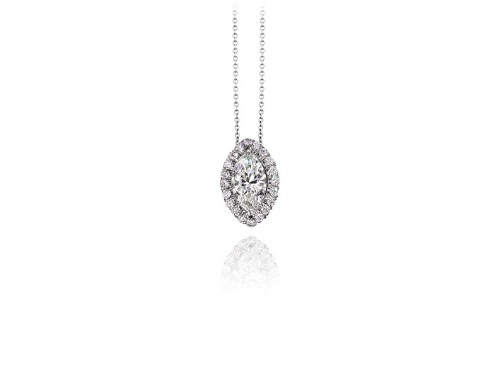Marquise and round brilliant cut diamond pendant in 18k white gold.